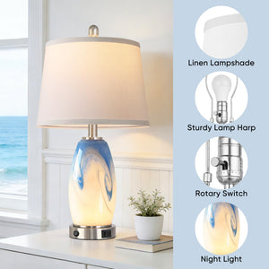 Coastal Glass Table Lamp Set of 2 – 7 Lighting Modes, USB Charging, LED Bulbs Included