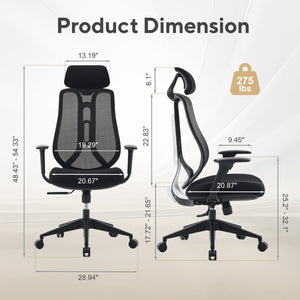 Ergonomic Mesh Office Chair with Adjustable Backrest & Headrest
