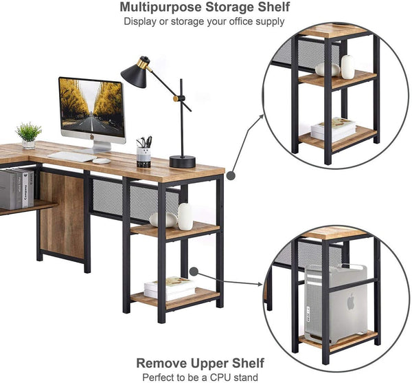 L-Shaped Computer Desk with Wood Shelves & Metal Legs, 59 Inch