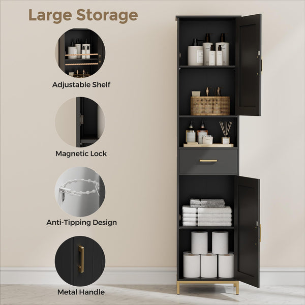 Tall Bathroom Storage Cabinet with Adjustable Shelves and Doors