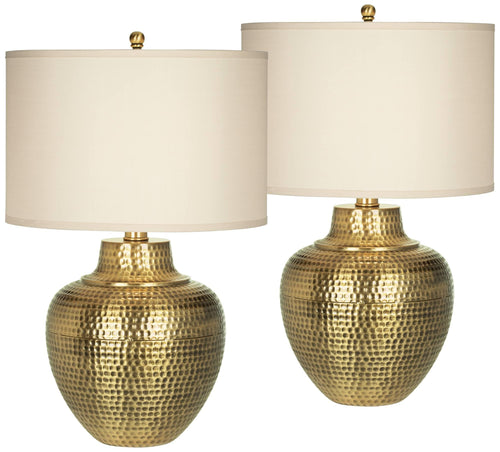 Rustic Farmhouse Table Lamps 27" Tall, Set of 2 – Antique Brass, Cream Linen Drum Shade