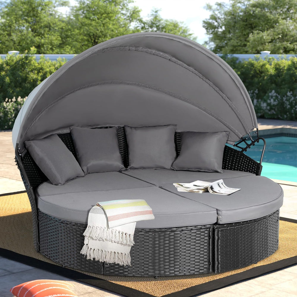 Outdoor Patio Canopy Daybed with Wicker Sofa Set