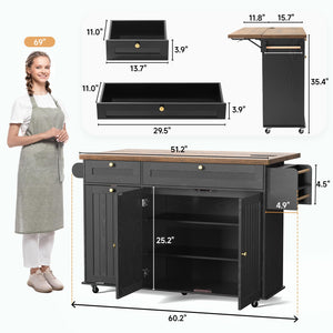60" Kitchen Island Cart with Power Outlet & Drop Leaf
