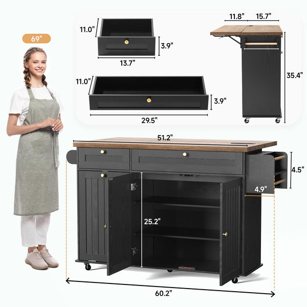 60" Kitchen Island Cart with Power Outlet & Drop Leaf