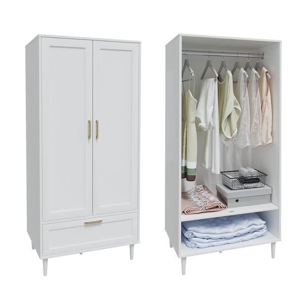 60" 2-Door Wardrobe Closet with Hanging Rod and Drawers