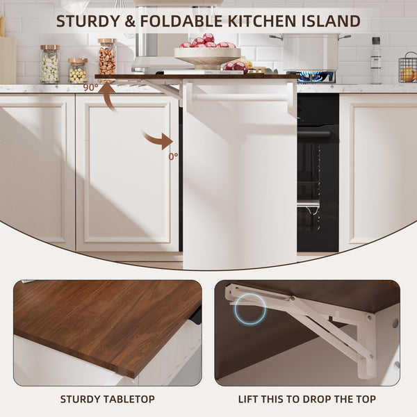 Rolling Kitchen Island with Wavy Door & Drop-Leaf Countertop