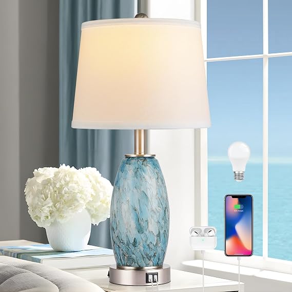 Blue Glass Table Lamps Set of 2 with USB Charging & 3-Way Lighting