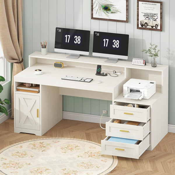65-Inch Farmhouse Computer Desk with Drawers and Power Outlets