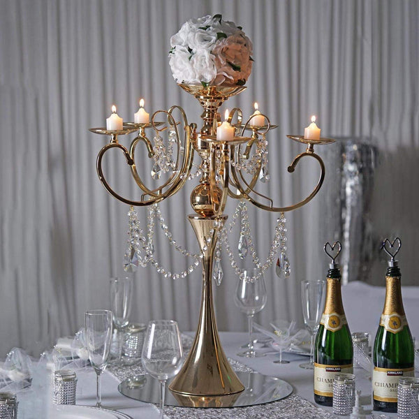 Tall Gold Metal Candelabra with Crystal Drops