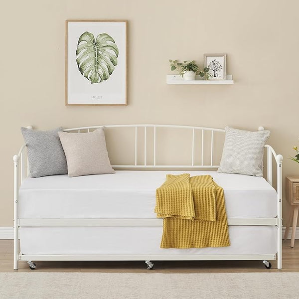 GarveeHome Daybed with Trundle, Sturdy Metal Day Bed with Steel Slat Support, Trundle Bed Twin with Arched Headboard, SofaBed for Living Room, Bedroom and Guest Room, Black