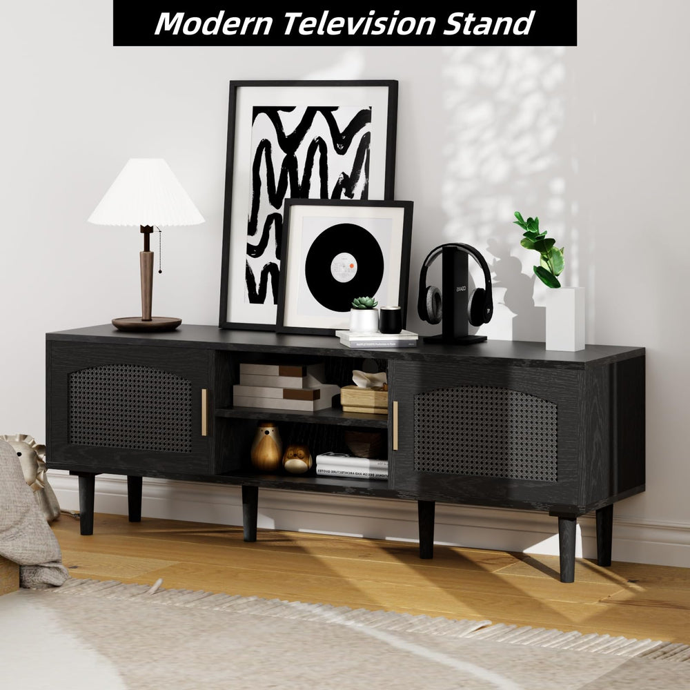 Fluted TV Stand with Rattan Doors, Wood Legs & Gold Handles