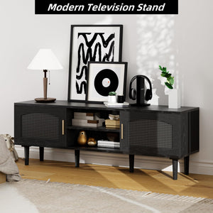 Fluted TV Stand with Rattan Doors, Wood Legs & Gold Handles