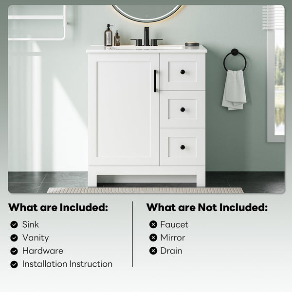 30" Freestanding Bathroom Vanity with Integrated Ceramic Sink