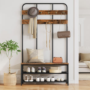 Industrial Hall Tree with Bench, 12 Hooks & Shoe Storage – 39.4"L x 14"W x 71.7"H