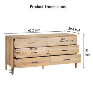 66-Inch Wide 6-Drawer Dresser – Natural Oak White Mango Wood