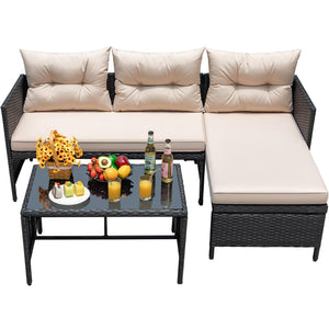 3-Piece L-Shaped Outdoor Rattan Sectional Sofa Set with Glass Table