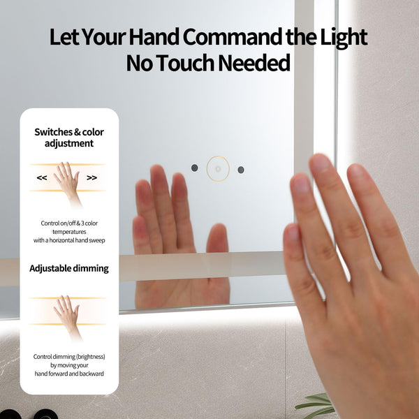 LED Bathroom Vanity Mirror with Lights, Anti-Fog, Dimmable, Hand Wave, Tempered Glass