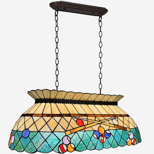 Tiffany Stained Glass Pool Table Pendant Light – 3-Light Amber Green