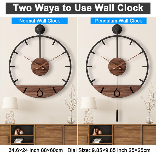 Large Modern Pendulum Wall Clock – 34.6×24 Inch Walnut Analog