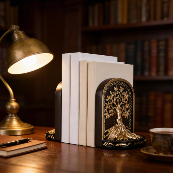 Tree of Life Bookends, Black Gold 2 Non-Skid Heavy Decorative Bookends for Shelves Or Bookcase, Elegant Bookends for Library Office Decor, Home Décor Gift