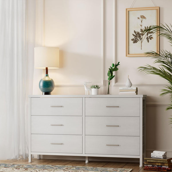 6-Drawer Fabric Dresser with Faux Leather Front & Wood Top