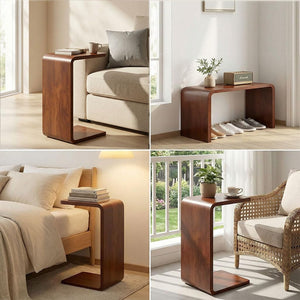 C Shaped End Table with Flip Top - Solid Wood Couch Side Table