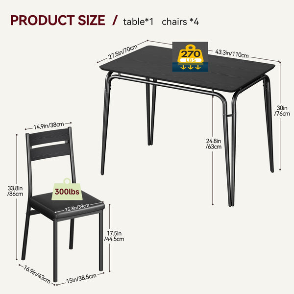 5-Piece Dining Table Set with 4 Chairs – Modern Black