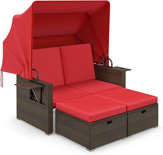 Outdoor Rattan Daybed with Retractable Canopy & Adjustable Backrests