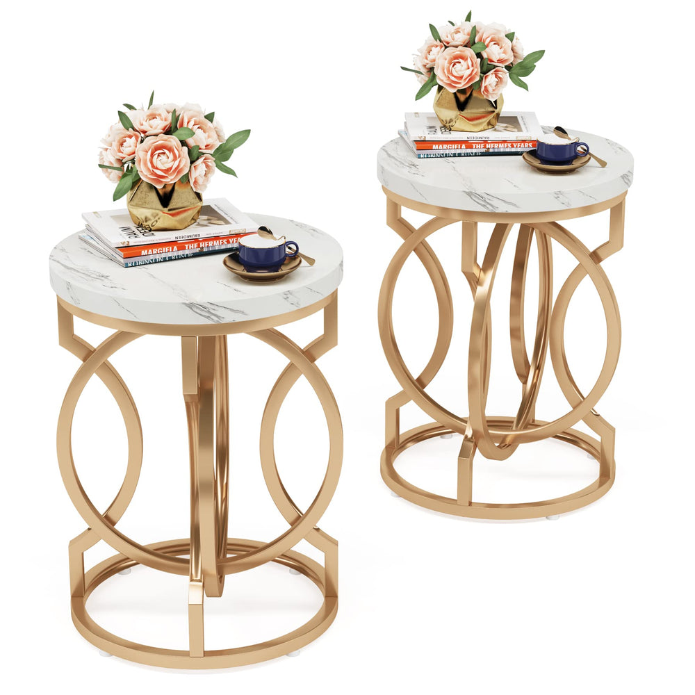 Round End Table Set of 2 – Faux Marble White & Gold Metal Base
