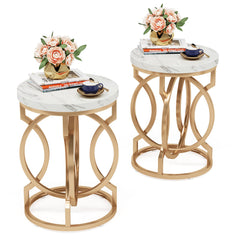 Round End Table Set of 2 – Faux Marble White & Gold Metal Base
