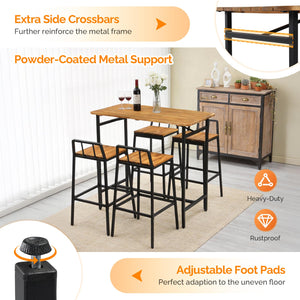 5-Piece Acacia Wood Outdoor Patio Bar Set with 4 Chairs