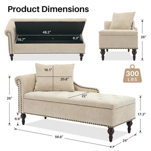 56.6" Wide Indoor Chaise Lounge with Storage & Left Armrest