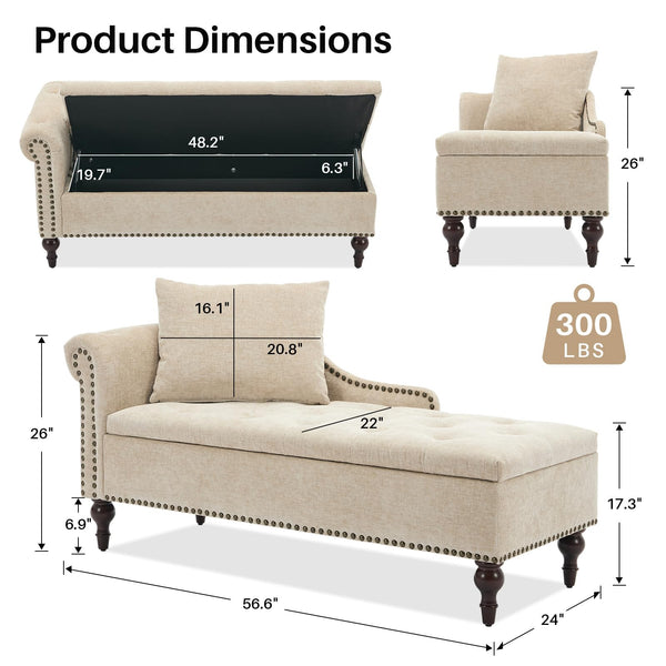 56.6" Wide Indoor Chaise Lounge with Storage & Left Armrest