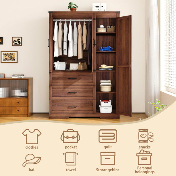 Farmhouse Armoire Wardrobe with Drawers & Hanging Rod