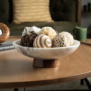 Marble Decorative Bowl with Acacia Wood Pedestal