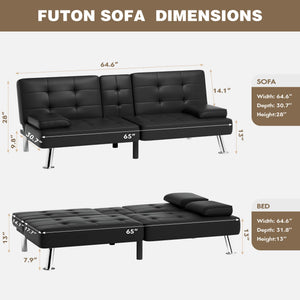 Convertible Futon Sofa Bed with Adjustable Backrest & Cup Holders