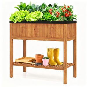 2-Tier Wooden Raised Garden Bed with Storage Shelf