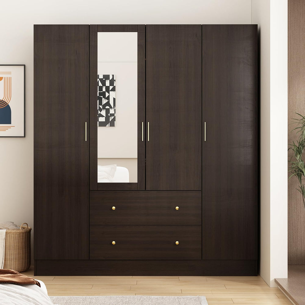Wardrobe Armoire with Mirror, 5-Tier Shelves, 2 Drawers & 4 Doors