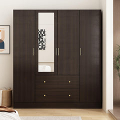 Wardrobe Armoire with Mirror, 5-Tier Shelves, 2 Drawers & 4 Doors