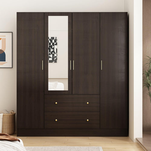 Wardrobe Armoire with Mirror, 5-Tier Shelves, 2 Drawers & 4 Doors