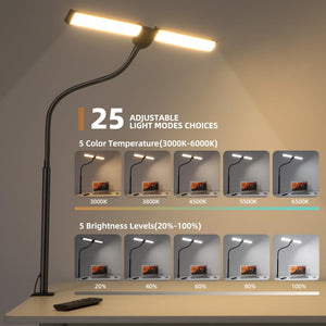 Dual-Head LED Desk Lamp with Clamp – Dimmable, 5 Color Temps, Remote