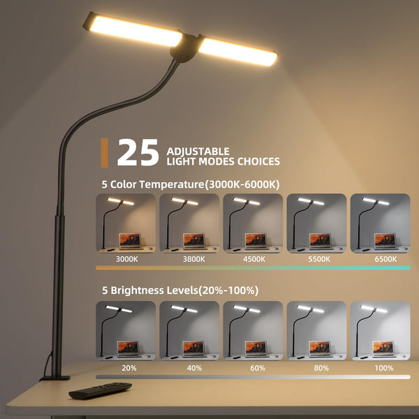 Dual-Head LED Desk Lamp with Clamp – Dimmable, 5 Color Temps, Remote