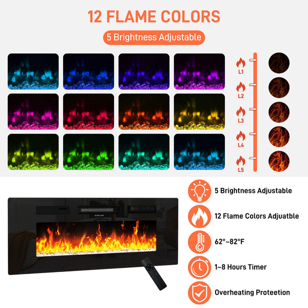 71" Floating Fireplace TV Stand with Electric Fireplace & LED Lights