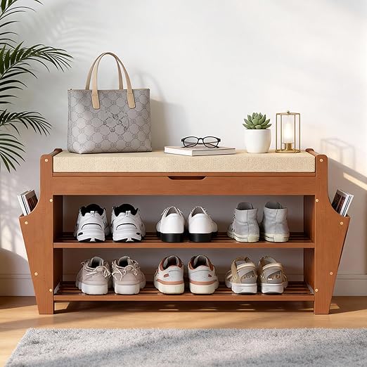 3-Tier Bamboo Shoe Bench with Cushion & Side Storage