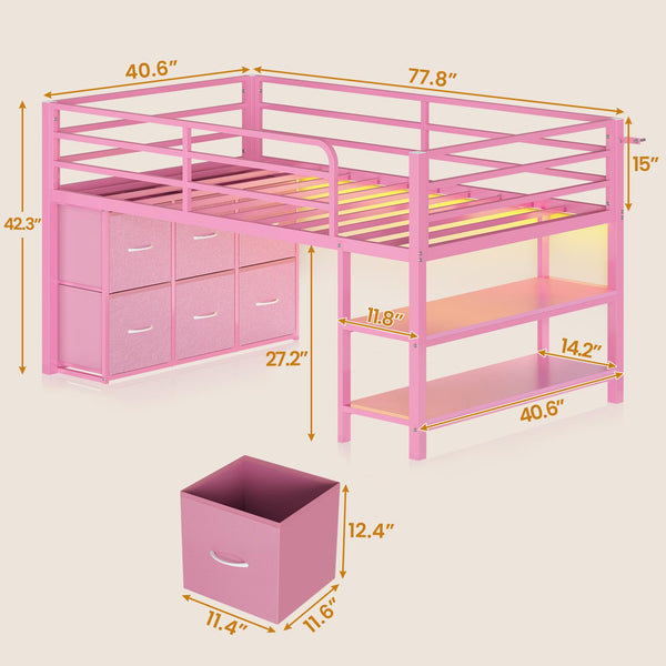 Twin Low Loft Bed with LED Lights & Storage Drawers