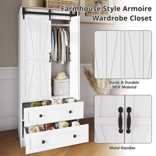 Farmhouse Wardrobe Armoire with Sliding Barn Doors & Drawers