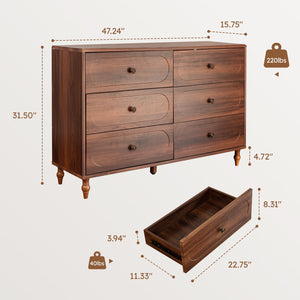 6 Drawer Mid-Century Dresser with Solid Wood Legs – 47" Wide Dark Walnut Chest