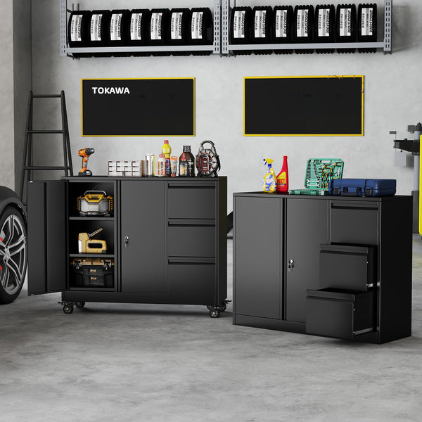 3-Drawer Lockable Metal File Cabinet with Wheels