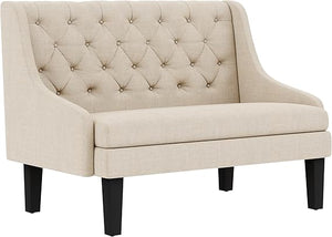 Mid-Century Modern Settee Bench with Tufted Back & Wood Legs