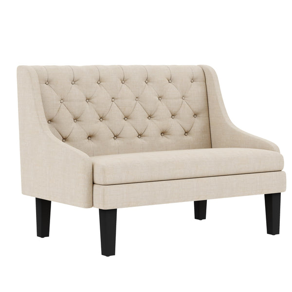 Mid-Century Modern Settee Bench with Tufted Back & Wood Legs